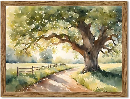 Framed Vintage Tree Landscape Wall Art, Watercolor Country Road Nature Wall