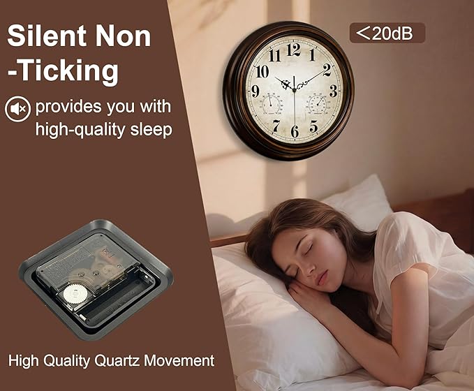 Vintage Wall Clock 13 Inch Quartz Silent Non-Ticking Analog Clock