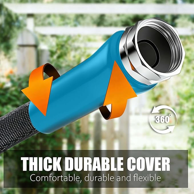Non-Expandable Garden Hose 50feet, with 10 Function Hose Nozzle, Tough & Flexible, Lightweight, Crush Resistant Fittings, Kink & Tangle Free, Rust Proof（Black）