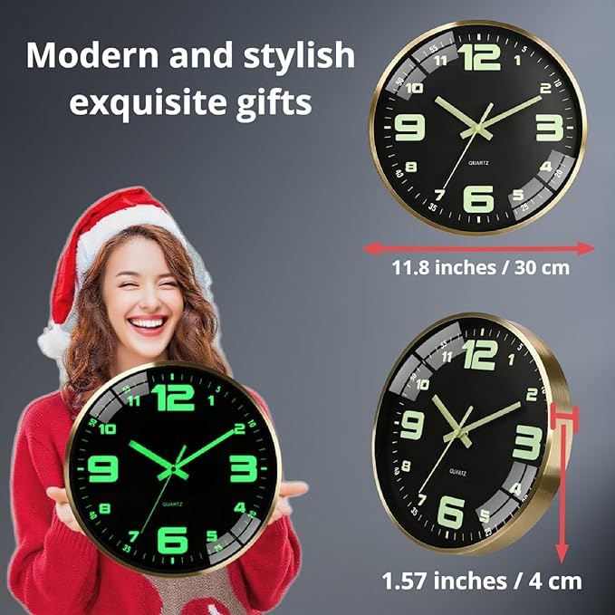 12-inch wall clock, powered by AA batteries, silent operation, large font