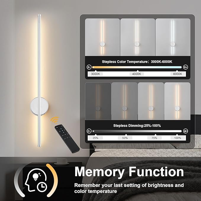 Battery Operated Modern Wall Sconces, Dimmable Wireless Wall Light Set of Two