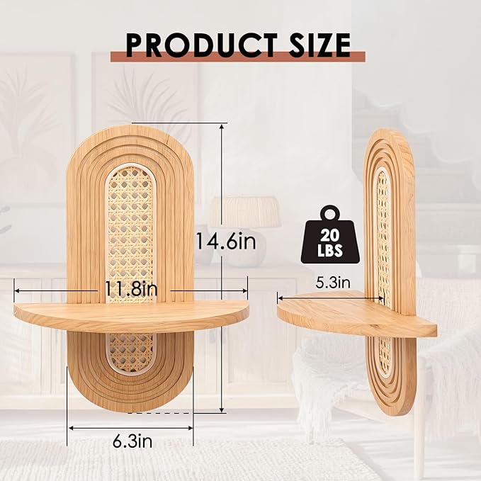 Floating Shelves for Wall, Boho Home Wall Decor, Rattan Plant Shelf Set of 2