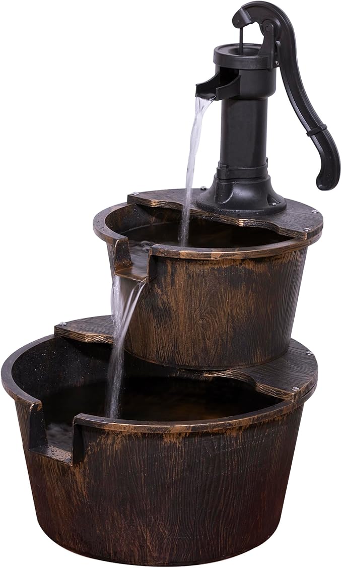 Alpine Corporation - Outdoor Rustic 2-Tiered Barrel and Pump Water Fountain â Bronze Finish, Relaxing Water Flow, Ideal for Garden, Patio, & Yard DÃ©cor, 27"H