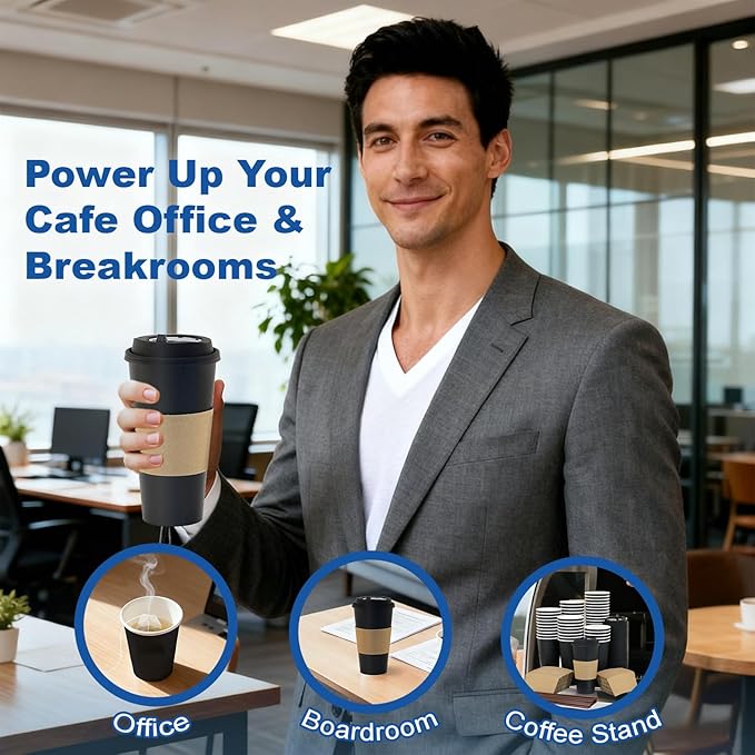 Coolcap 20 oz 50 Pack Coffee Cups with Lids and Sleeves, Straws, Hot Disposable To Go Travel Paper Cups Bulk for Office, Home Coffee Bar Accessories, Chocolate, Cocoa, Beverage (Black)