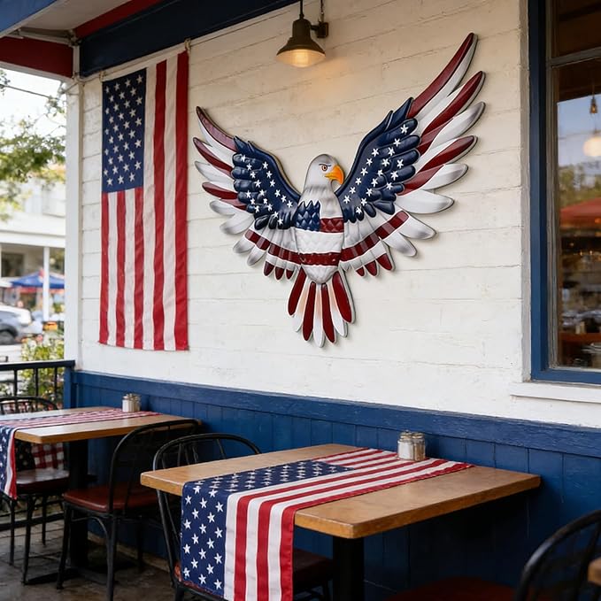 Large American Eagle Patriotic Wall Decor, 4th of July Decoration Metal Wall Art for Independence Day , 24" American Flag Bald Eagle Hanging Sculpture, Handmade Centerpiece for Indoor Bedroom Office Outdoor Decorations