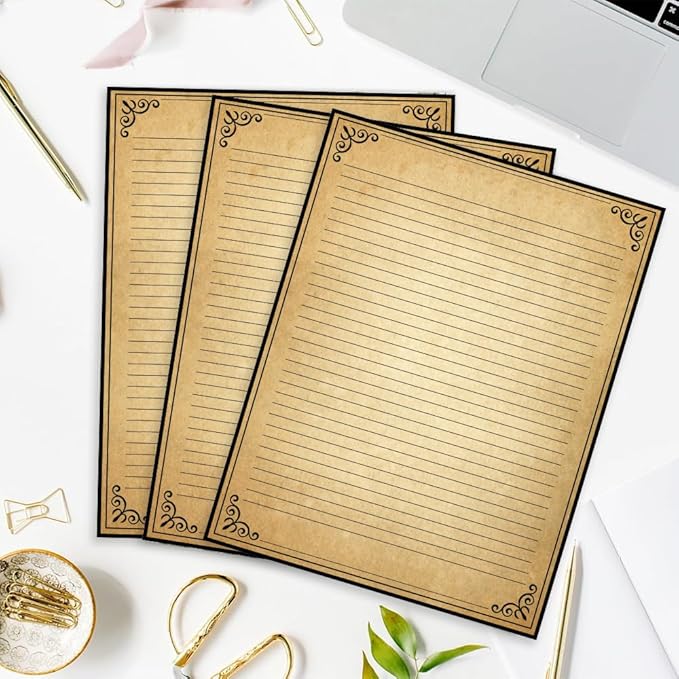 Vintage Lined Paper with Antique Border Design, 50 Sheets, Stationary Paper for Writing Letters, 100gsm, 11 x 8.5'', Aged Stationery for Writing Letters, Invitations, Stationery Writing Papers