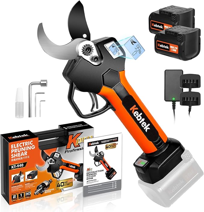 Cordless Electric Pruning Shears 40MM, Kebtek Professional Pruning Shears Battery Powered 21V Brushless Motor 2Pack 2AH Rechargeable Battery-LCD Display Screen (KT940)