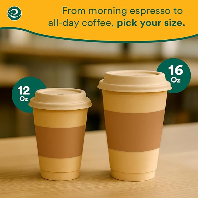ECO SOUL 50 Pack 12 oz Disposable Coffee Cups with Lids & Sleeves Eco-Friendly, Biodegradable, Compostable, Leak-free & Sturdy To Go Hot Drink Cup for Tea, Chocolate Party Travel Cafe Office & Home