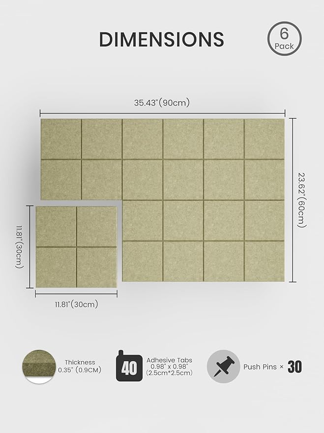 Bumusty Large Felt Bulletin Board, 30 Push Pins, 40 Adhesive Tabs, Olive Green