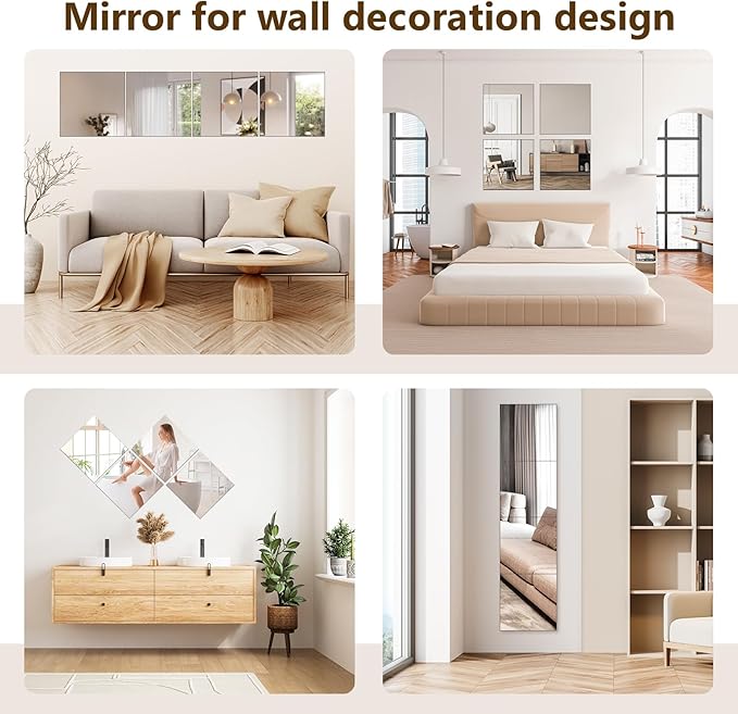 Shiftshade 4 Pack Wall Mirror Full Length, 12 x 12 Inch Acrylic Mirror Tiles