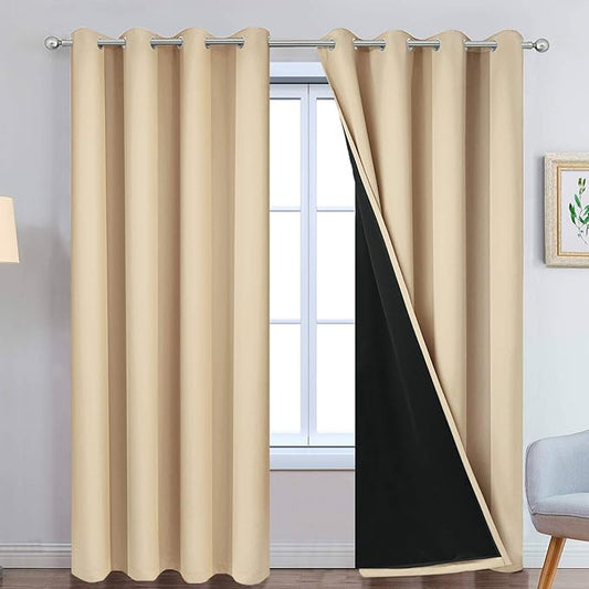 Yakamok Beige 100% Blackout Curtains, Thermal Insulated Total Blackout Drapes