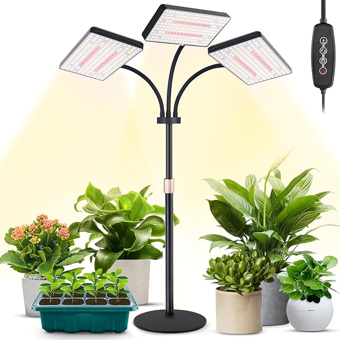2024 Upgraded Desk Grow Lights for Indoor Plants, Tri-Head 642 LEDs Tabletop Full Spectrum Grow Light, with 3/6/12H Timer, 6 Brightness Levels, 3 Lighting Modes, Height Adjustable for 10-26 inches