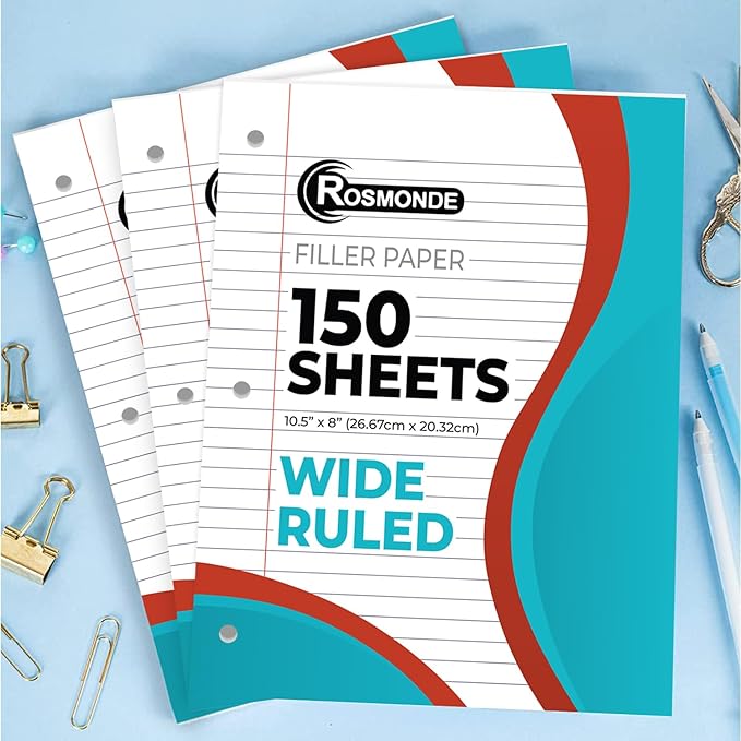 Rosmonde Loose Leaf Paper Bulk, 3600 Sheets, Wide Ruled, 8 x 10.5", Bulk Filler Paper for Office, 56 Gsm Thick Sheets, 3 Hole Punched for Binders, 24 Pack, 150 Sheets/Pack, Notebook Papers, White