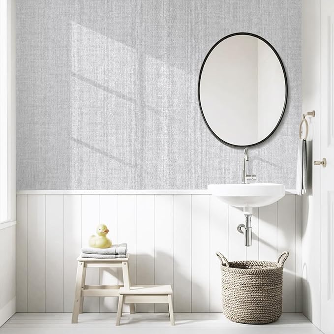 Grasscloth Peel and Stick Wallpaper, Light Grey Vintage Textured Faux Linen