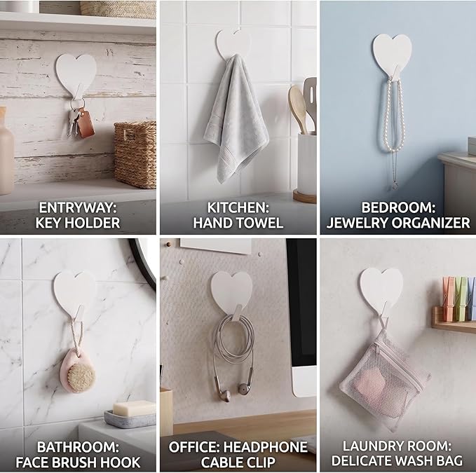 Heart Wall Hooks, 8 Pack, Cute White Decorative Accessories, Purse Hanger
