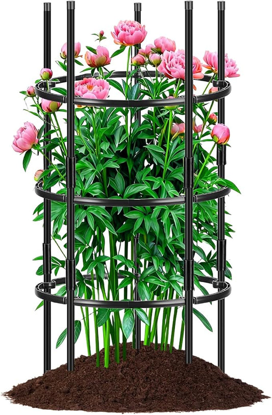 19.5" D x 39" H Peony Plant Support Cage, 3 Tier Stackable Plant Support Ring, Metal Core with PVC Coated Stakes, Garden Plant Support for Peonies Tomatoes and Climbing Plants