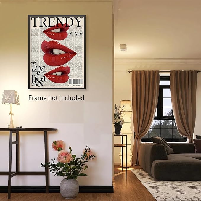 jkahh Trendy Y2k Newspaper Wall Art Vintage Red Lips Kiss Prints Poster Fashion