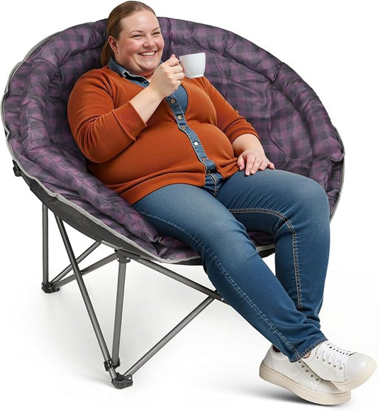 Oversized XXL Folding Round Camping Chairs,Comfy Padded Moon Camp Chairs,Heavy Duty Supports 400 Lbs Outdoor Lawn Chairs for Adults,Perfect for Indoor,Family Hiking,Picnics and Garden,Purple Plaid