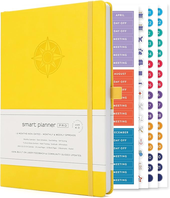 Smart Planner Pro – Undated Daily Planner – Medium B5 – Achieve Goals & Increase Productivity with Weekly, Monthly, Work Sections - Organizer Planner with Back Pocket, 3 Satin Bookmarks & Pen Holder