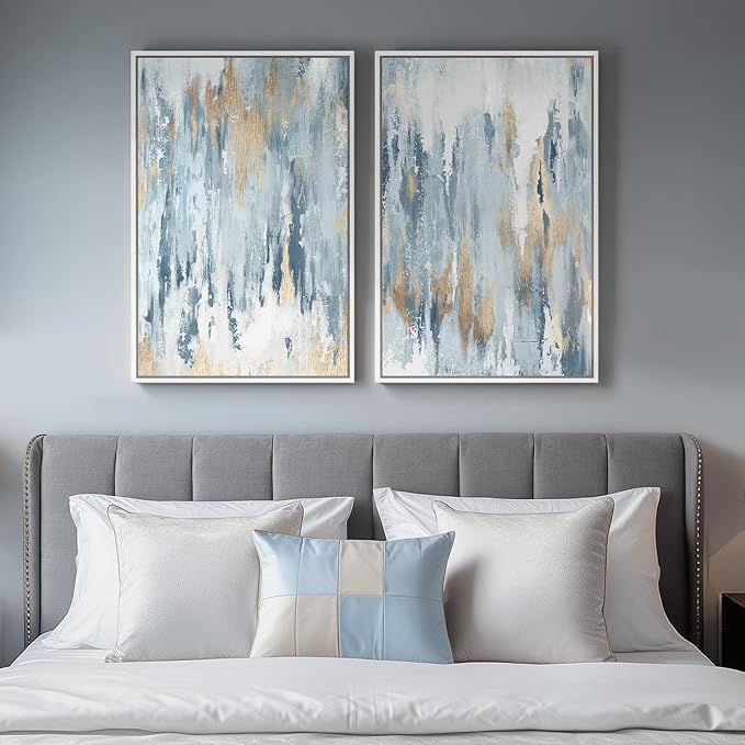 White Framed Blue and Gold Abstract Canvas Wall Art