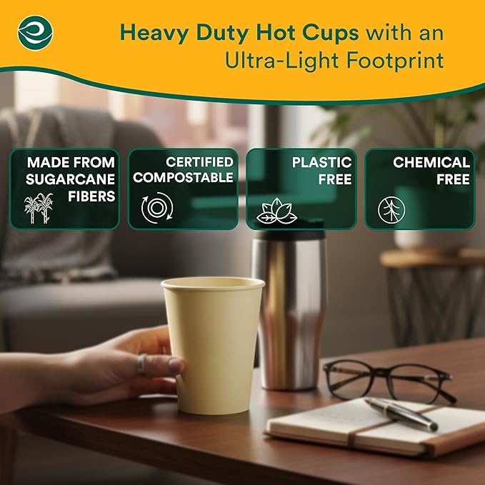 ECO SOUL 100 Pack 12 oz Disposable Coffee Cups Eco-Friendly, Biodegradable, Compostable, Leak-free & Sturdy To Go Hot Drink Travel Bagasse Cup for Tea, Chocolate, Party, Picnic & Cafe, Office & Home