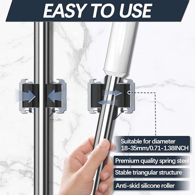 3-H Mop and Broom Holder Wall Mount 8 Pack, Broom Holder for Garage Garden Shed Storage System Laundry Room Home Kitchen Organization (Black)