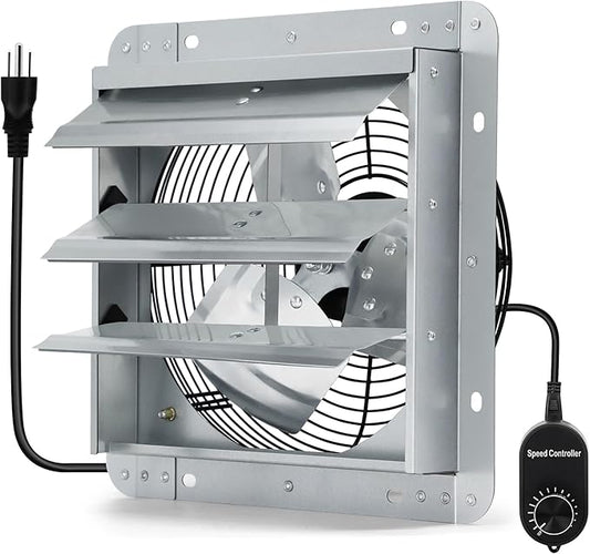 12 Inch Shutter Exhaust Fan with Speed Controller and Power Cord, Wall Mount Attic Fan for Greenhouses, Sheds, Garages, Chicken Coops, Barns Ventilation, 970 CFM
