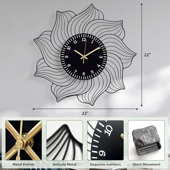 22 Inch Flower Wall Clock, Silent Non-Ticking Battery Operated Modern
