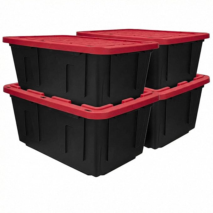 27 Gallon Heavy Duty Storage Bins with Lids â Stackable Industrial Plastic Totes for Garage Organization, Moving, and Attic Storage â Lockable Snap-Fit Container, Black/Red (4 Pack)