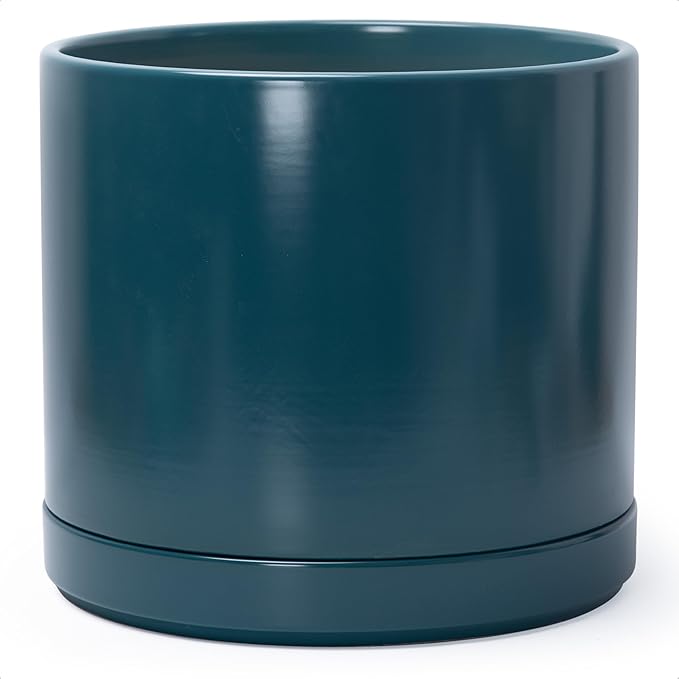 D'vine Dev 14 Inch Ceramic Planter Pot with Drainage Hole and Saucer, Indoor Cylinder Round Planter Pot, Teal, 94-O-G-9