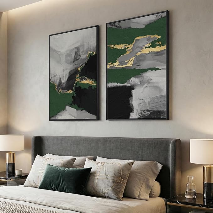 Large Framed Green Abstract Wall Art, 2 Piece Modern Canvas Prints Paintings