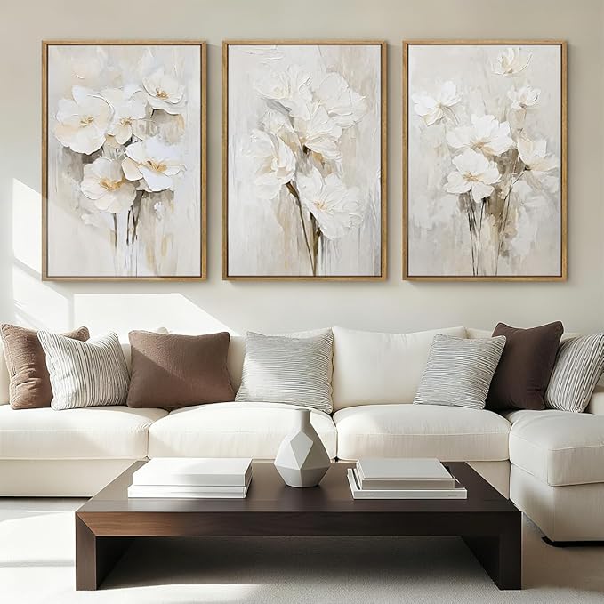 Anyzal Extra Large Beige Floral Framed Wall Art 24x36 Inch Neutral White Flower Canvas Wall Art Farmhouse Wildflower botanical Artwork for Living Room Bedroom Dining Room Set of 3