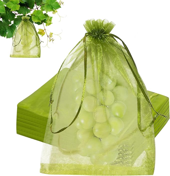 100 Large Fruit Protection Bags 7.9x11.8 Inch, Green Mesh Netting with Drawstring, Pest & Bird Barrier for Grapes, Eggplants, Zucchini and Other Garden Produce