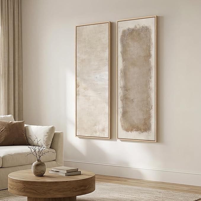 Long Narrow Framed Neutral Abstract Vertical Wall Art, 2 Piece Modern Canvas
