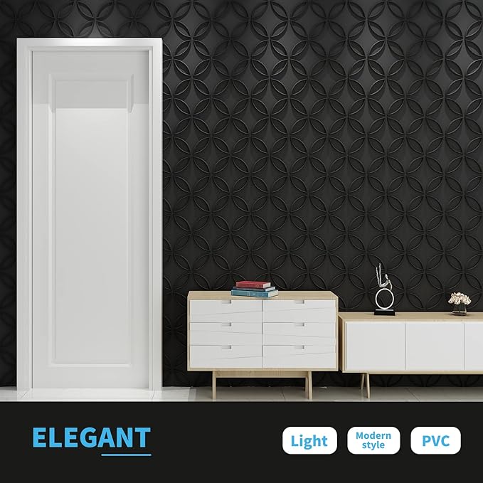 Art3d PVC 3D Wall Panel Interlocked Circles in Matt Black Cover 32 Sq.ft