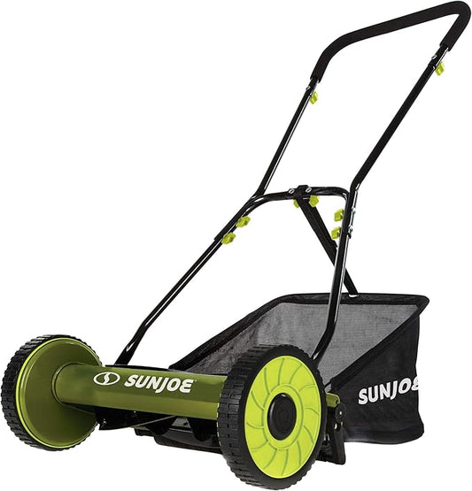 Sun Joe Lawn Mower, 16 Inch Manual Reel Push Behind Machine, Outdoor Equipment with Removable Grass Catcher and Adjustable Cutting Height
