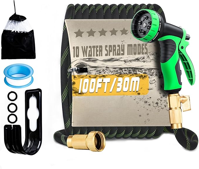 Non-Expandable Garden Hose 50FT, Heavy-Duty Flexible Water Hose, No-Kink Design with 10-Pattern Spray Nozzle, Solid Brass Connectors, Leak-Proof, Includes Hose Hanger & Extra Washers (100FT)