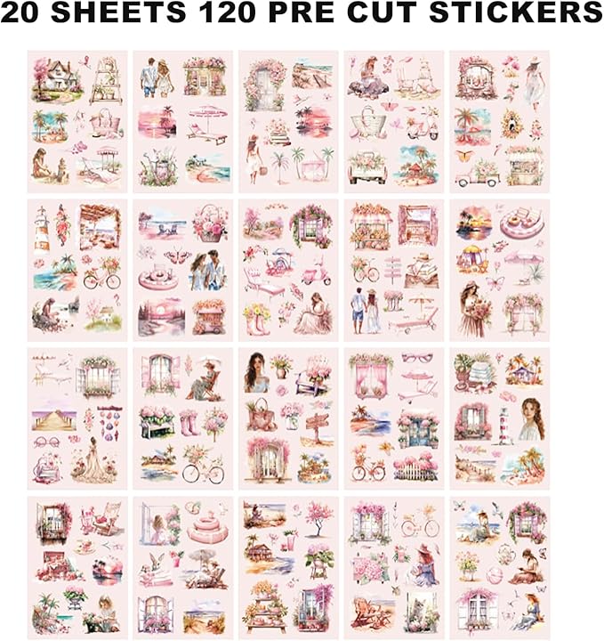 Auguro PET 20 Sheets 120 Pre-Cut Summer Stickers for Scrapbooking People Beach Scrapbook Sticker Transparent Stickers for journaling Junk journaling Supplies