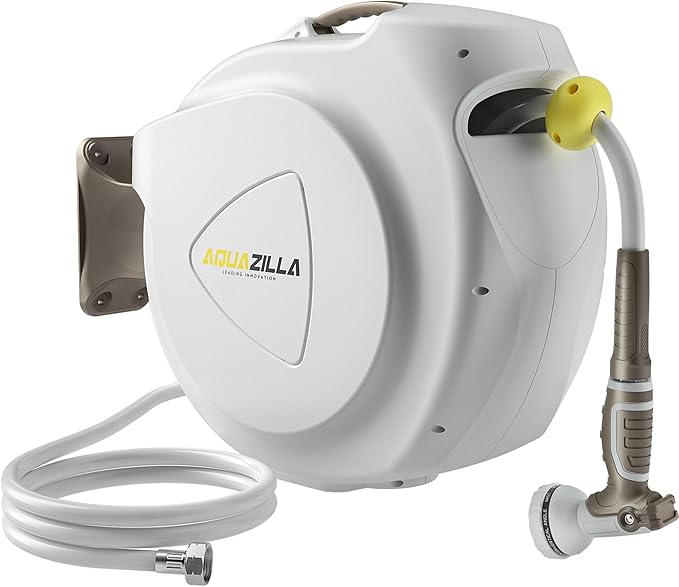 Retractable Garden Hose Reel, 1/2 in 120+6 ft, Heavy Duty Wall Mounted Water Hose Reel, Spring Power Automatic Rewind, Any Length Lock, 180Â° Swivel Bracket, 10 Pattern Spray Nozzle
