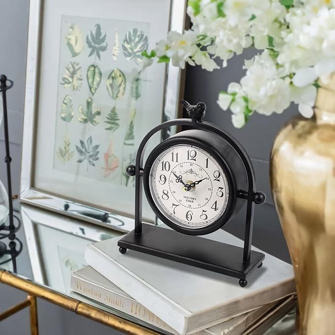 MODE HOME Silent Battery Operated Black Metal Analog Desk Clock with Bird, Small Table Clock for Farmhouse Decor, Mantel Shelf, Home and Living Room