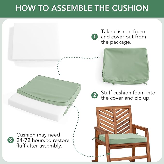 Outdoor Chair Cushions Set of 2: Waterproof & Fade Resistant Deep Seat Cushion for Patio Furniture - 24 x 24 Inch Chair Pad with Ties and Hidden Zipper - Patio Chair Cushion Replacement, Sage Green