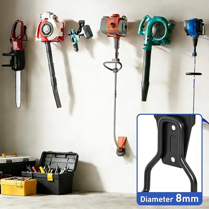 Heavy Duty Garden Power Tool Hanger, Garage Storage Utility Hooks with Storage Straps, Electric Tool Hooks, String Trimmer Hangers, Garden Tool Organizer, Weedeater Rack (4, Black)