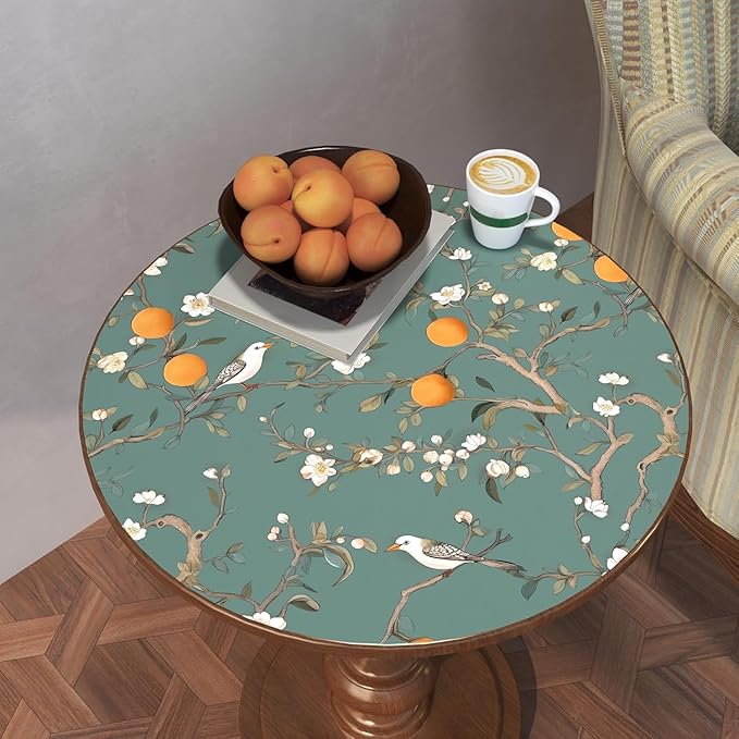 Green Floral Wallpaper Peel and Stick, Birds Contact Paper Orange Fruits