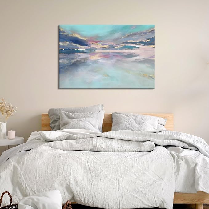 Goldfoilart Beach Abstract Wall Art Teal Green and Gold Decor Ocean Canvas