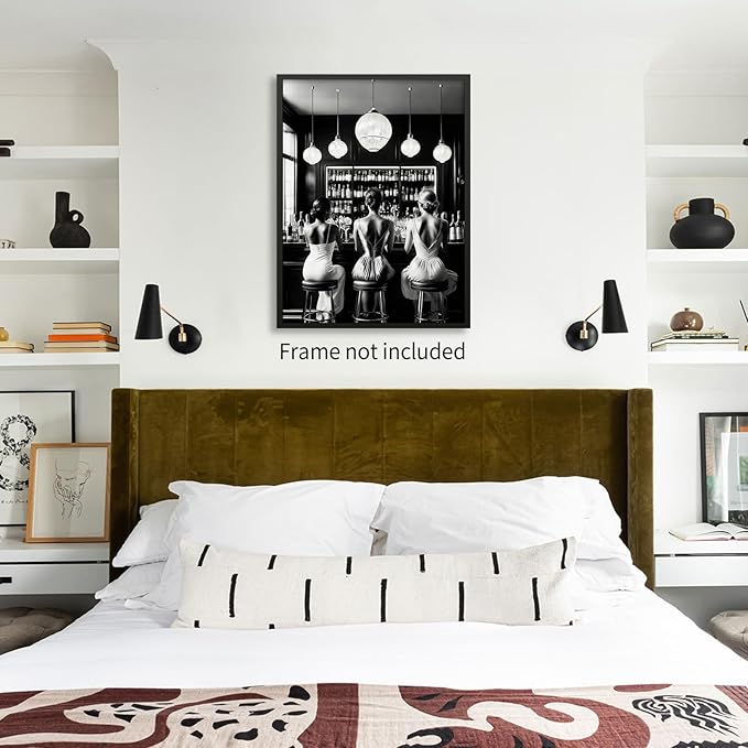 Vintage Black and White Canvas Wall Art Trendy Women Drink Cocktail Posters