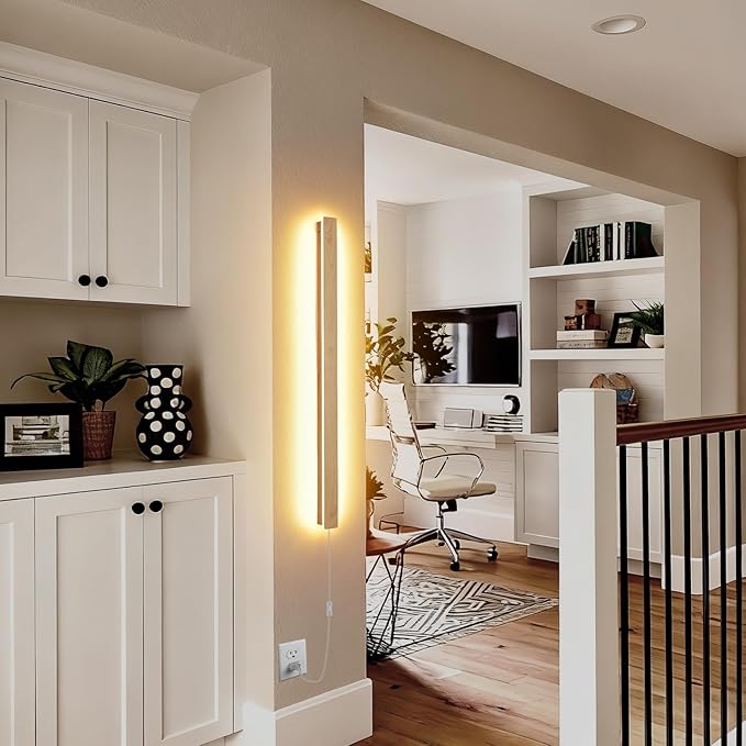 Modern Plug in Long Wall Sconce, 31.4 inch Faux Wood Texture Finish LED Wall