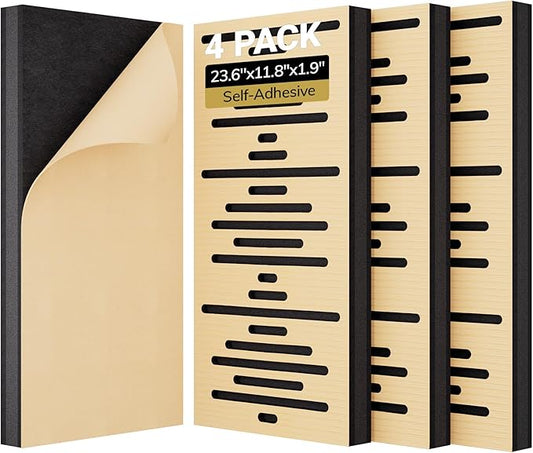 TONOR 4-Pack Acoustic Wood Wall Panels, 23.6” * 11.8” * 1.9” 3D Self-adhesive