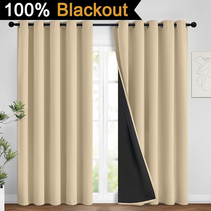 Yakamok Beige 100% Blackout Curtains, Thermal Insulated Total Blackout Drapes