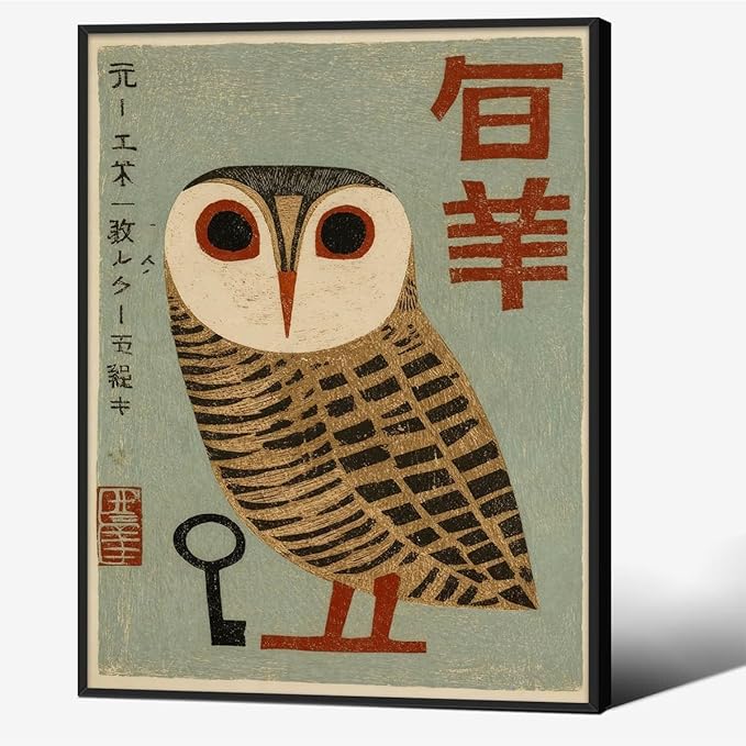 Vintage Japanese Black Framed Wall Art Owl Poster Mid Century Animal Print