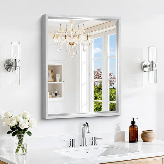 18x24 Silver Bathroom Mirror, Brushed Silver Rectangular Mirror